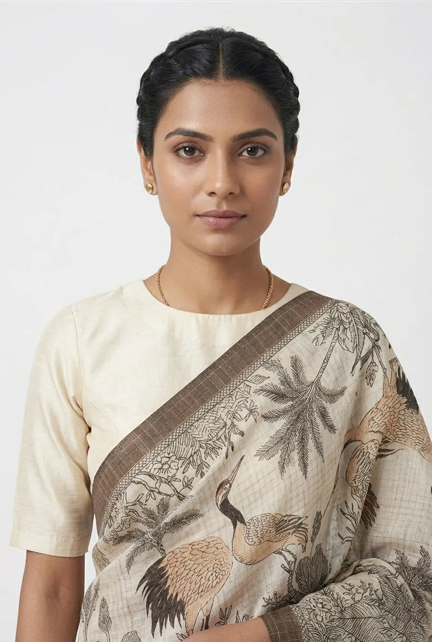 Women Off-White & Brown Ethnic Motifs Printed Pure Cotton Saree