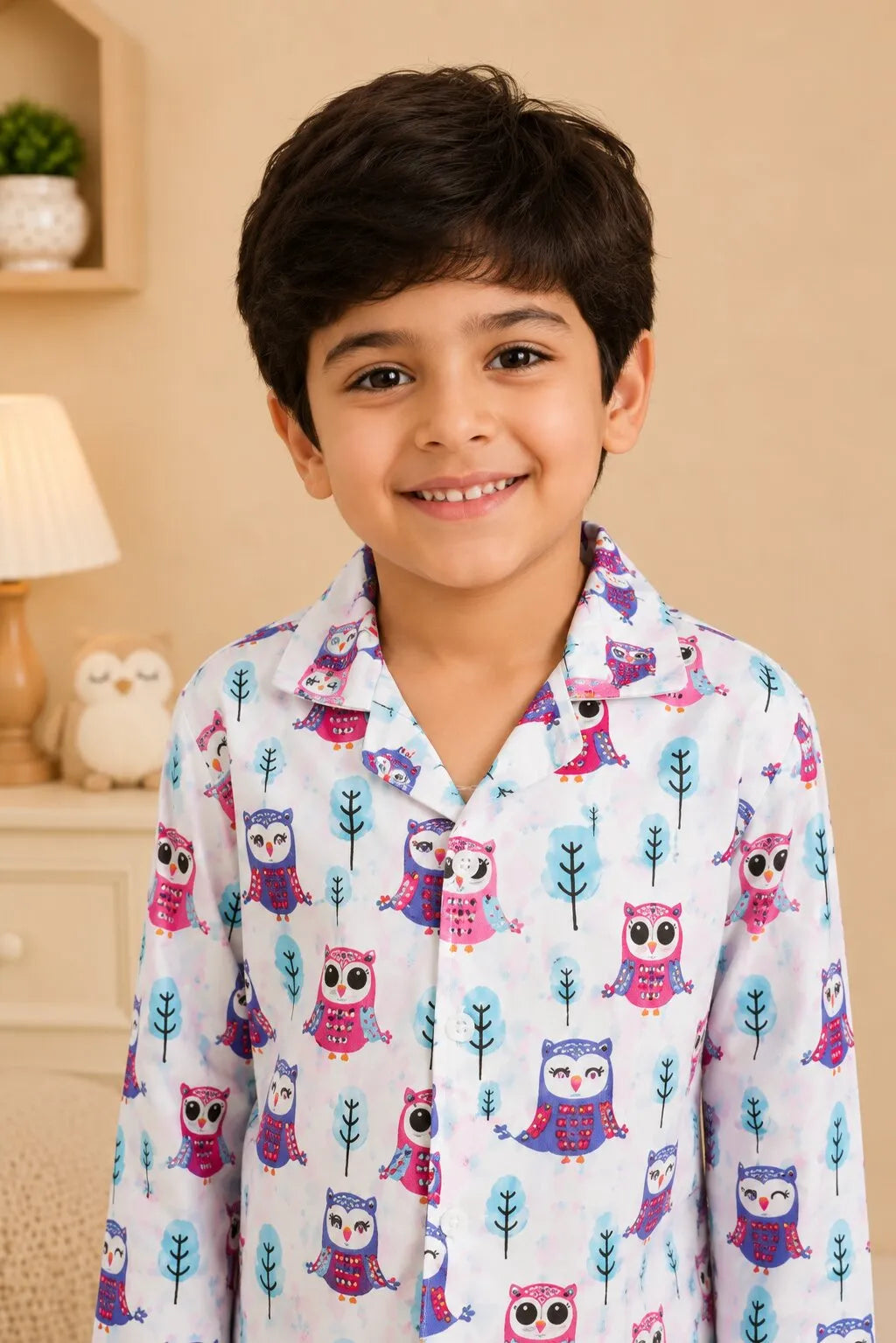 Kids' White & Purple Owl Print Pure Cotton Night Suit