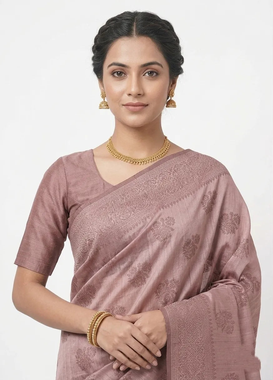 Mauve & Copper-Toned Floral Woven Design Banarasi Silk Saree with Unstitched Blouse