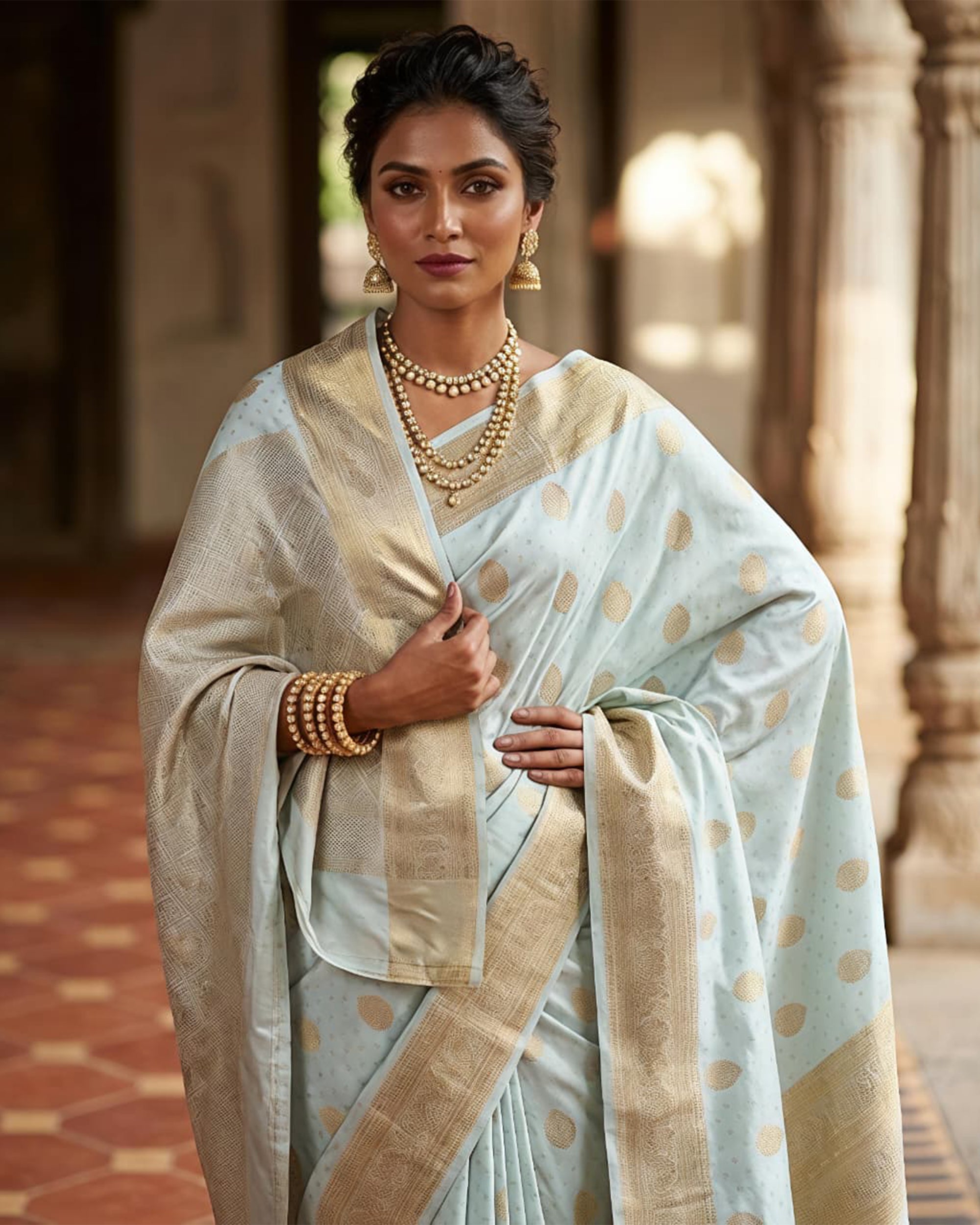 Women Sea Green & Gold-Toned Banarasi Silk-Blend Woven Design Saree