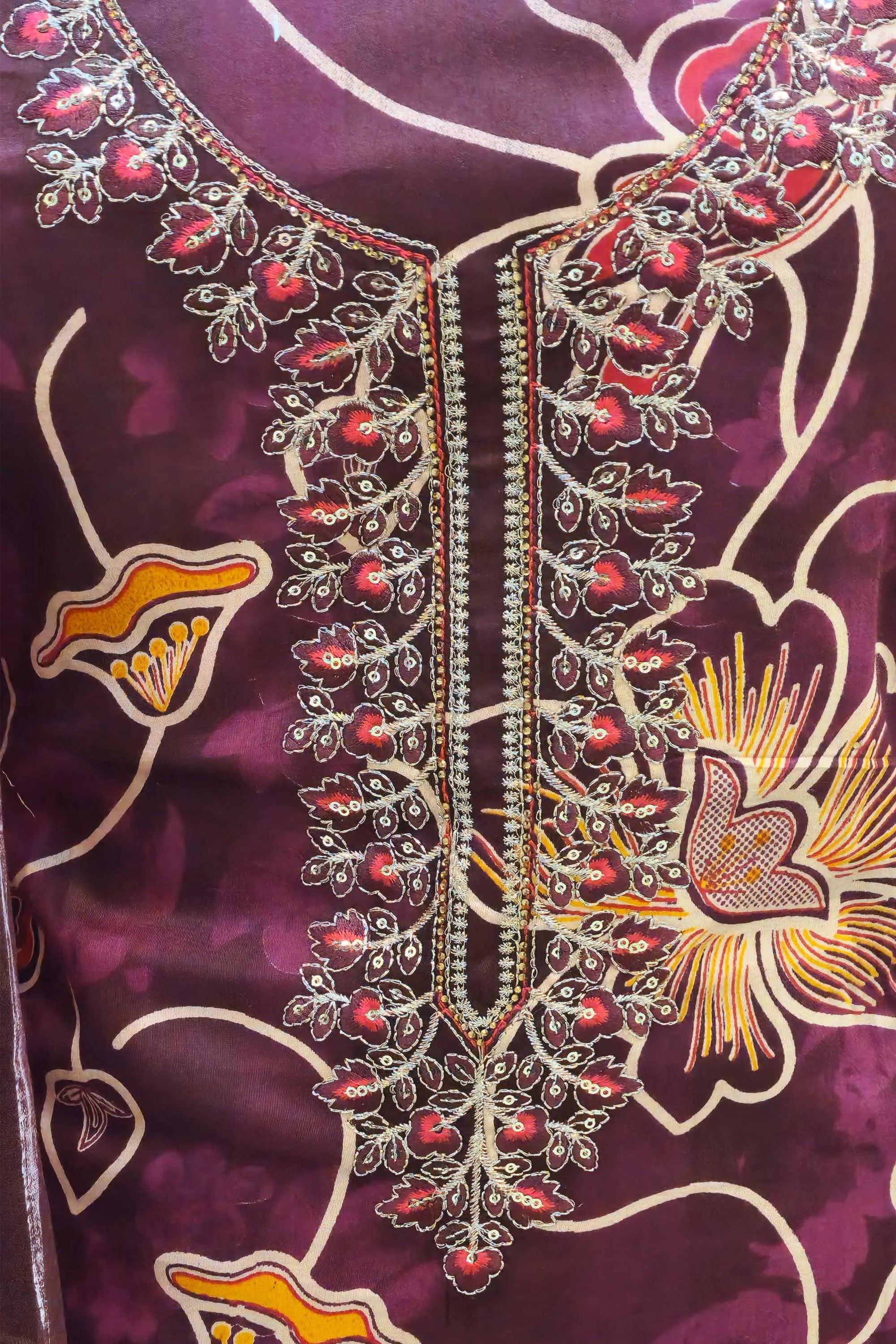 Women Maroon & Yellow Floral Printed Pure Cotton Unstitched Dress Material with Embroidered Neck