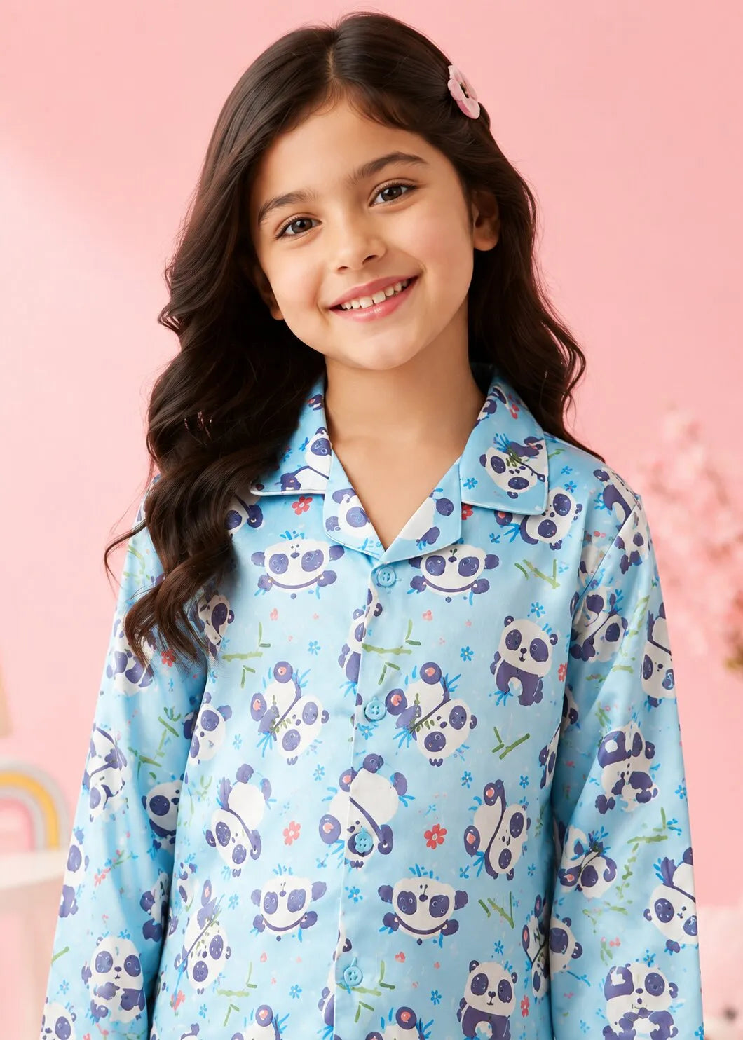 Girls Sky Blue & Purple Panda Printed Satin Nightsuit Set