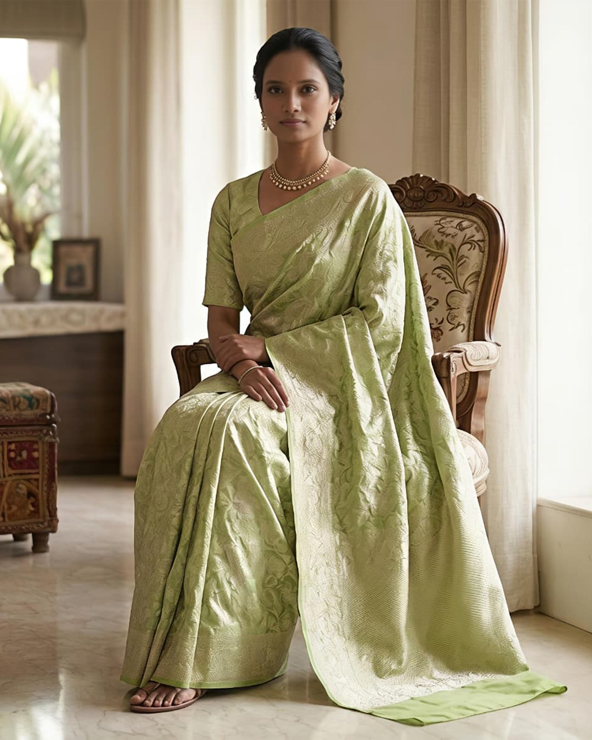 Lime Green Ethnic Motifs Woven Design Saree