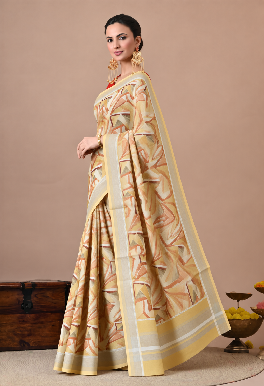 Elegant Cream Cotton Saree with Abstract Printed Design and Golden Border