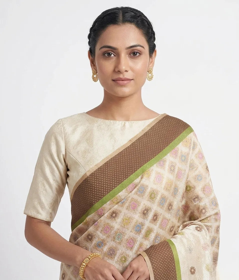 Women Beige & Brown Geometric Printed Chanderi Silk Saree with Unstitched Blouse