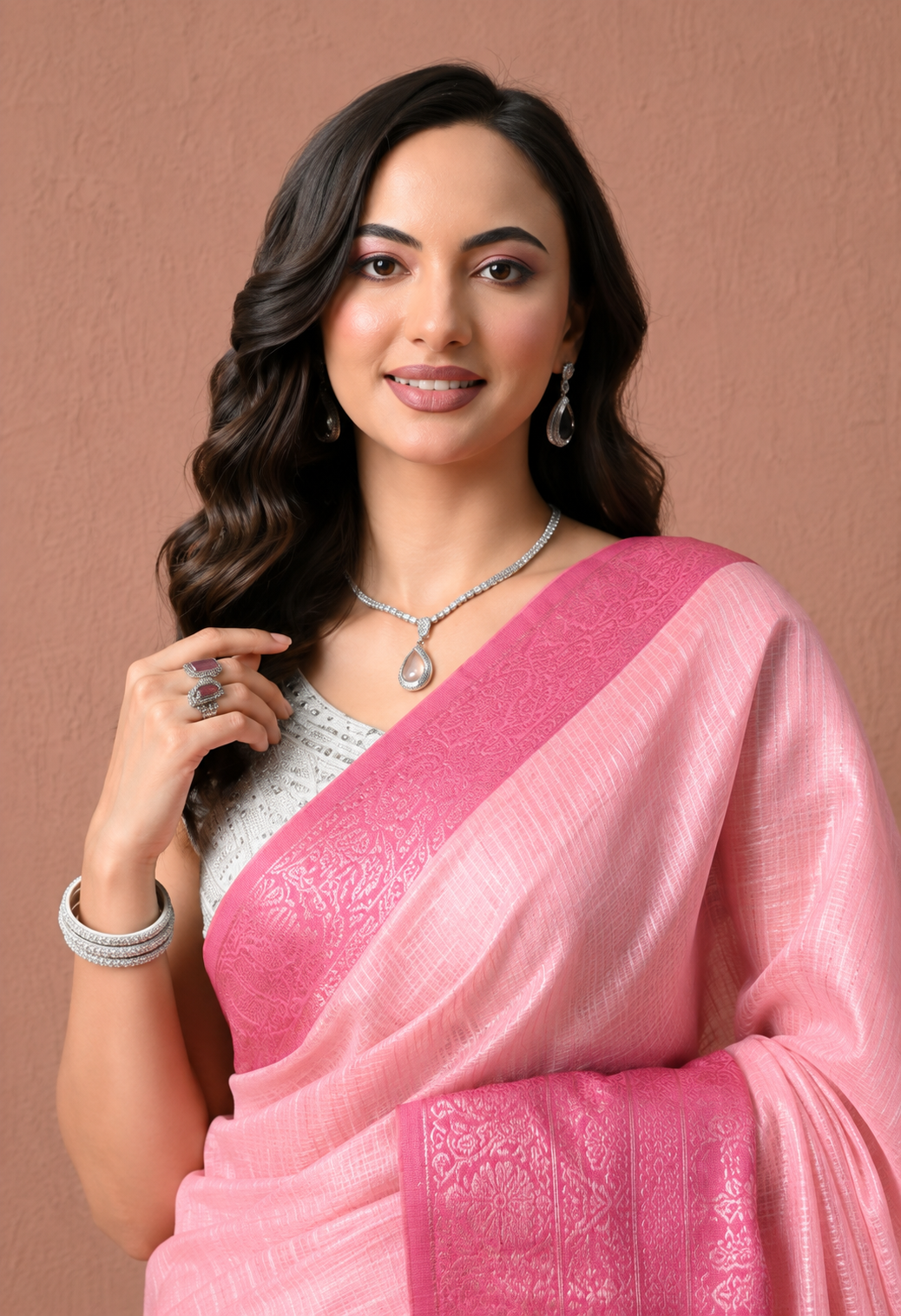 Women Pink Art Silk Woven Design Saree with Ornate Border