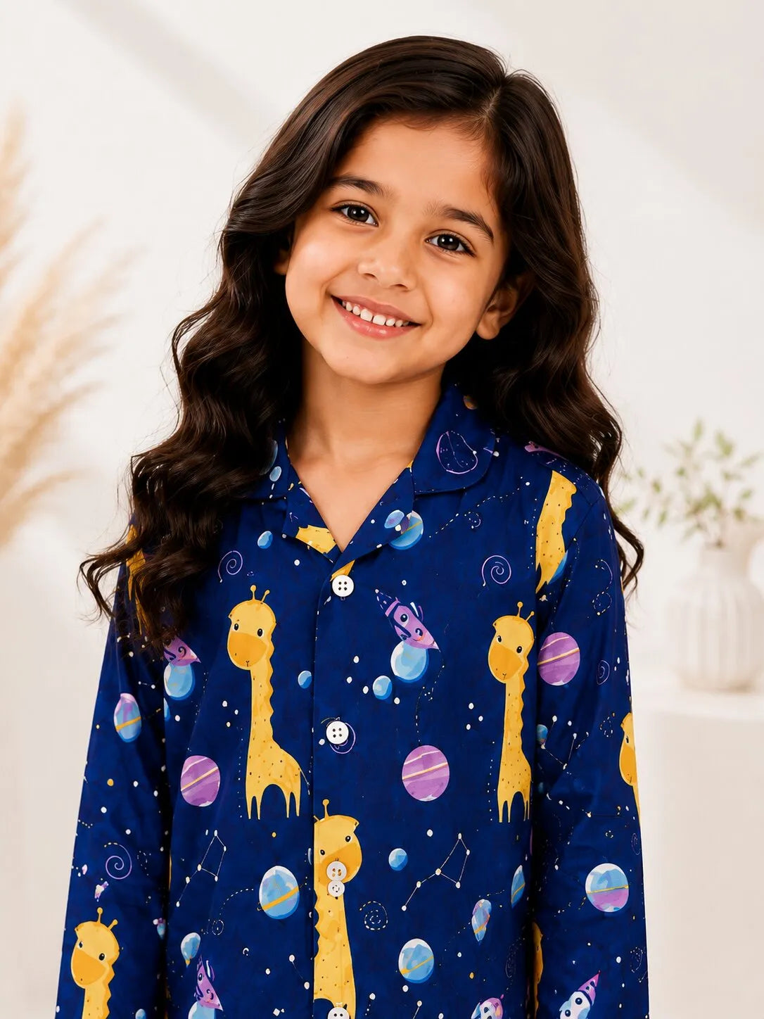 Kids Girls Navy Blue & Yellow Giraffes in Space Printed Night Suit
