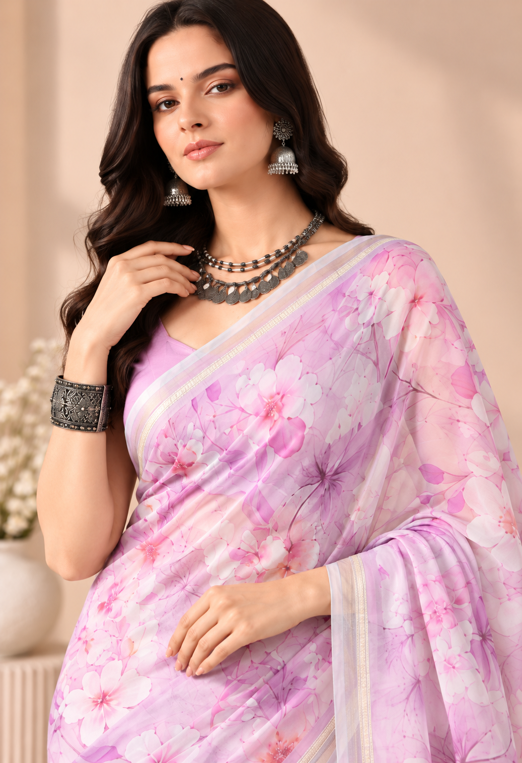 Elegant Pink Floral Printed Chiffon Saree with Matching Border