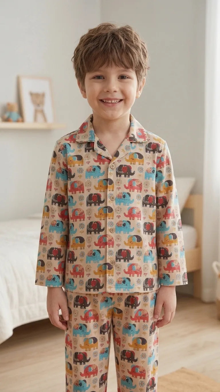 Kids' Elephant Print Cotton Night Suit