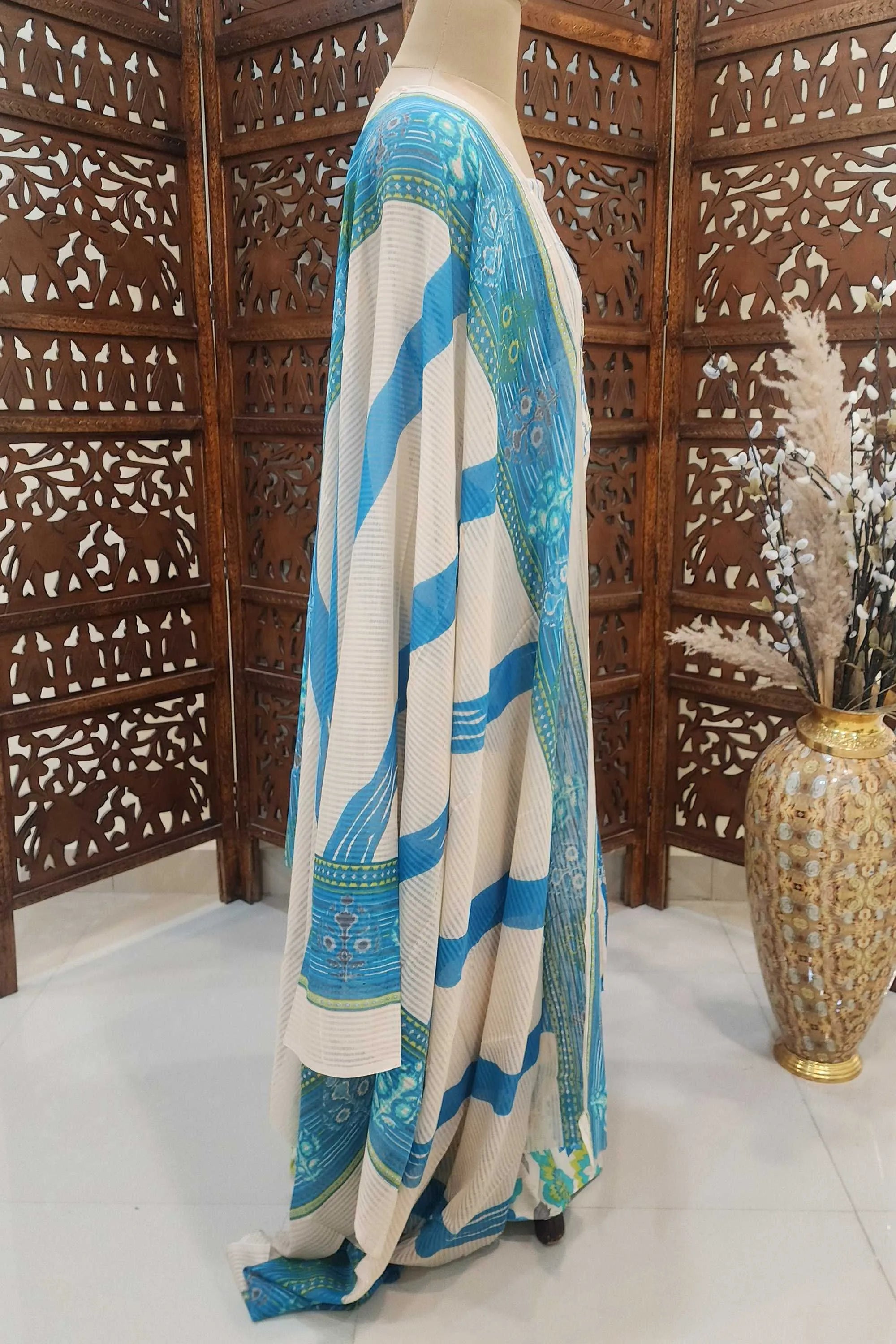 Women Off-White & Blue Striped Pure Cotton Unstitched Dress Material with Mirror Work