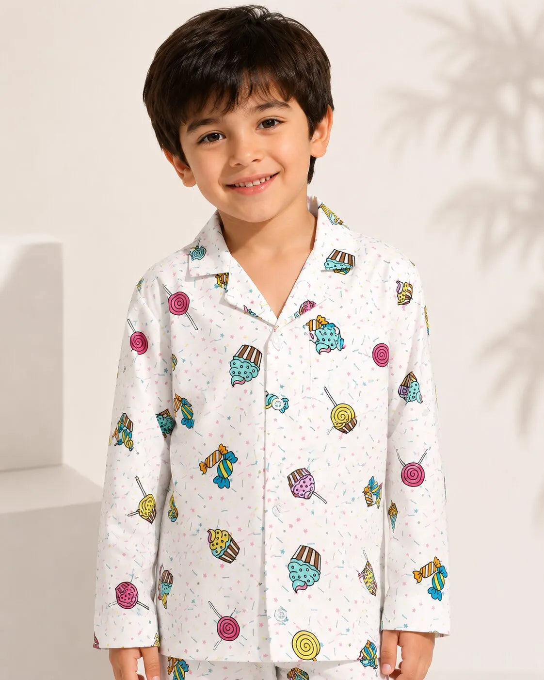 Kids White & Multi-Coloured Printed Satin Night Suit