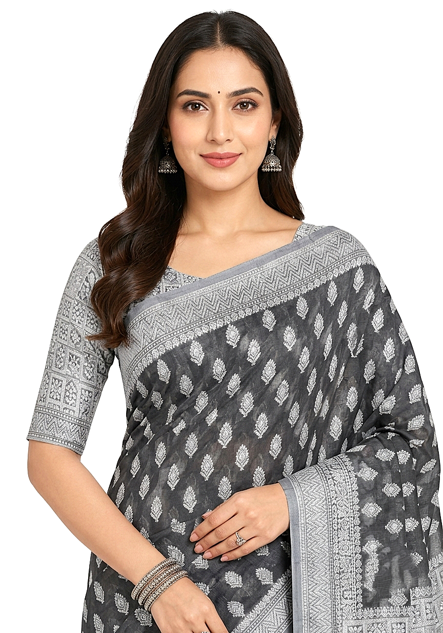 Black & Silver-Toned Woven Design Banarasi Saree with Unstitched Blouse Piece