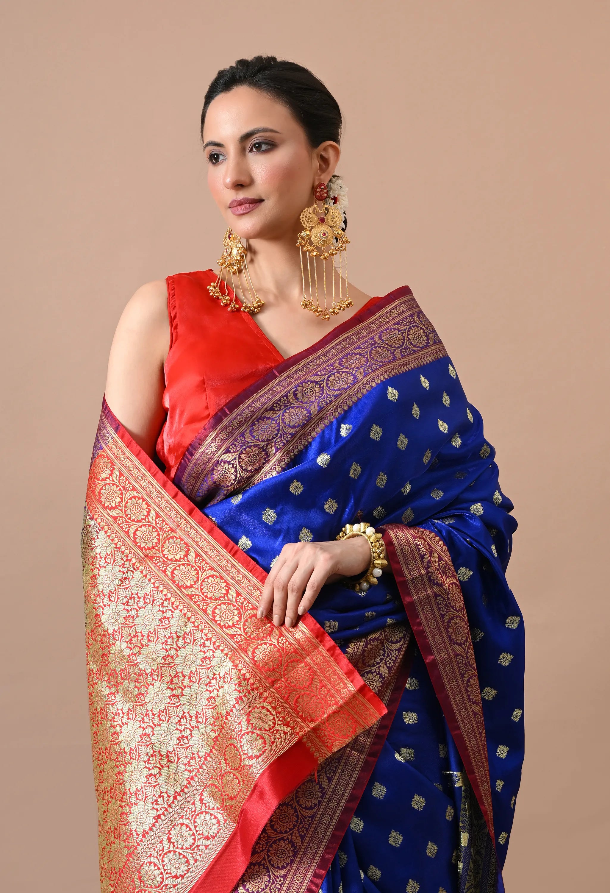 Royal Blue & Gold-Toned Woven Design Silk Blend Banarasi Saree