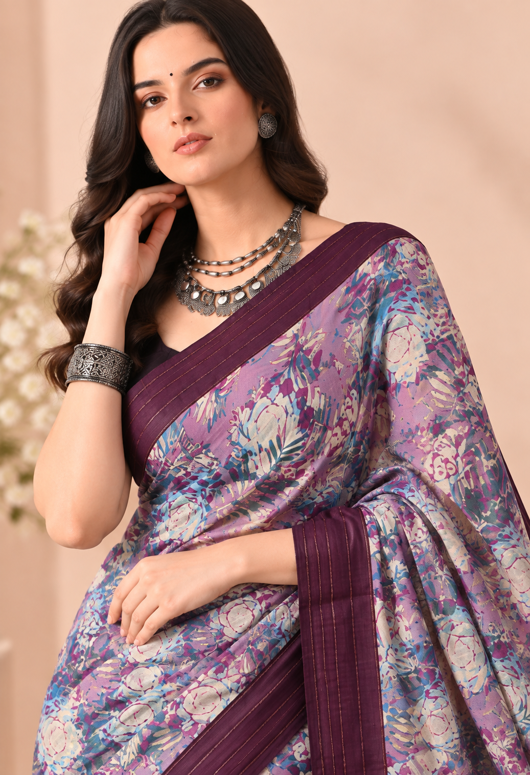 Elegant Multicolour Floral Printed Saree with Rich Wine Border