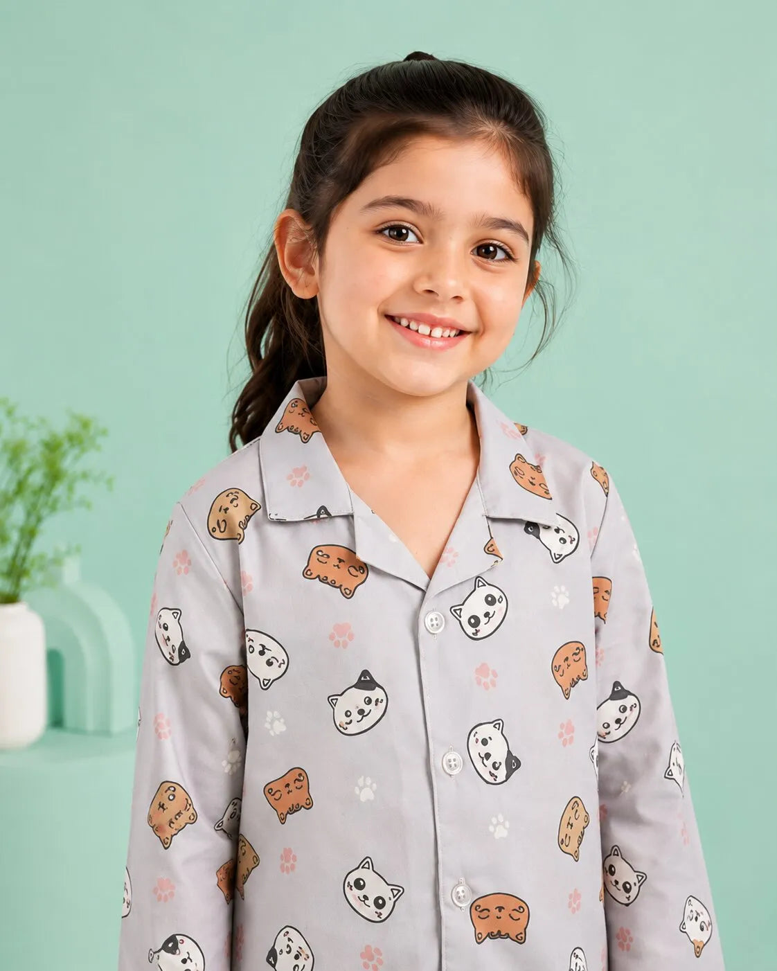 Girls Grey & Orange Cat Printed Satin Night Suit