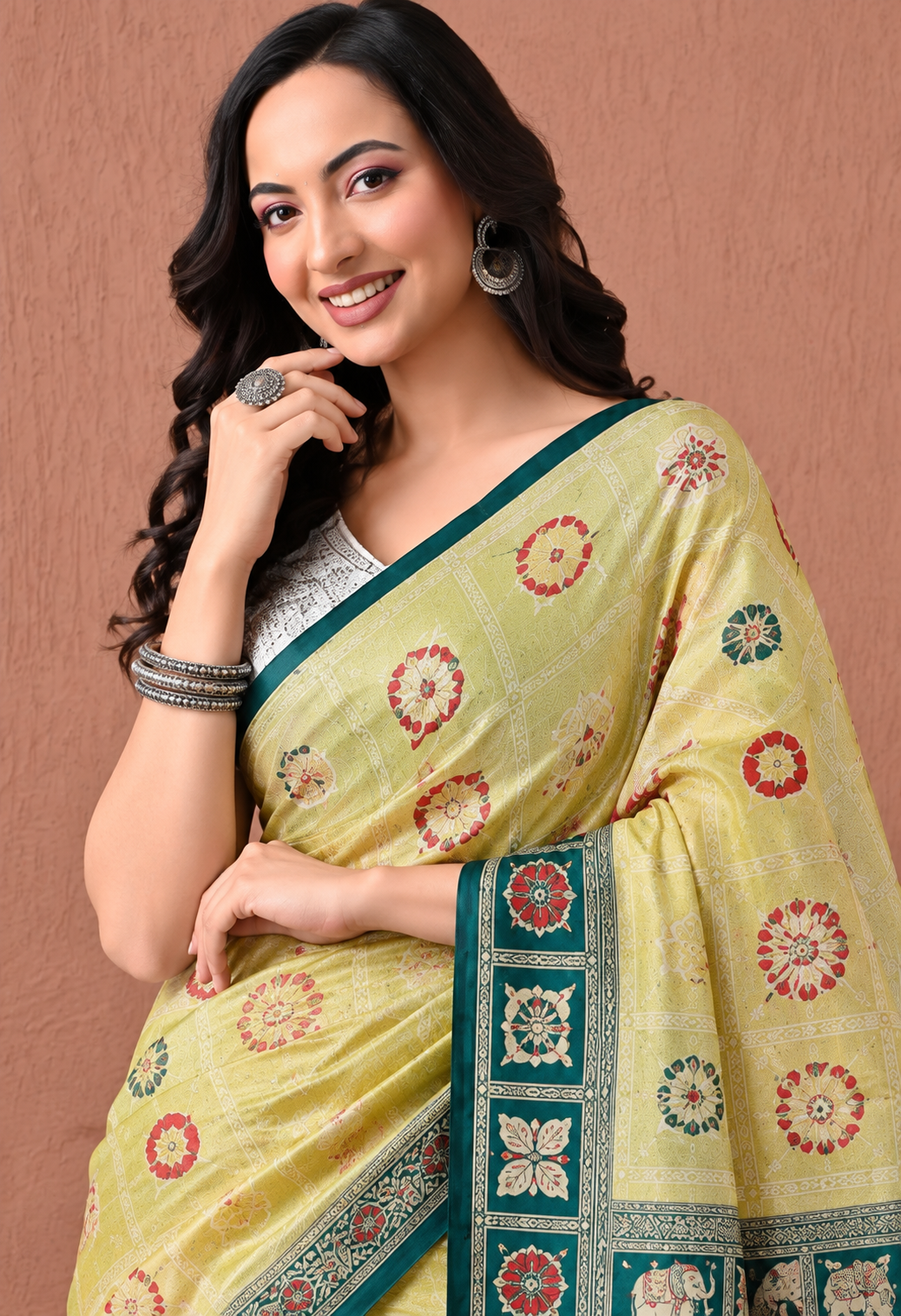 Elegant Lime Green Printed Saree with Teal Traditional Border & Pallu