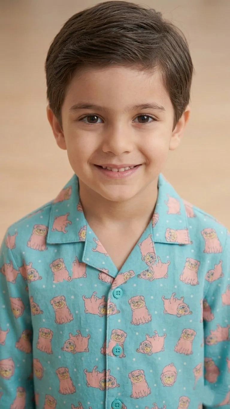 Boys Light Blue & Pink Pug Printed Pure Cotton Night Suit
