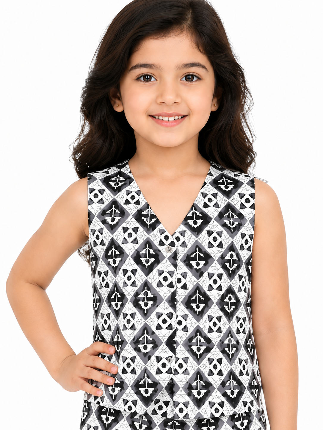 Girls Pure Cotton Monochrome Geometric Print Vest Style Crop Top and Wide-Leg Trousers Co-Ord Set