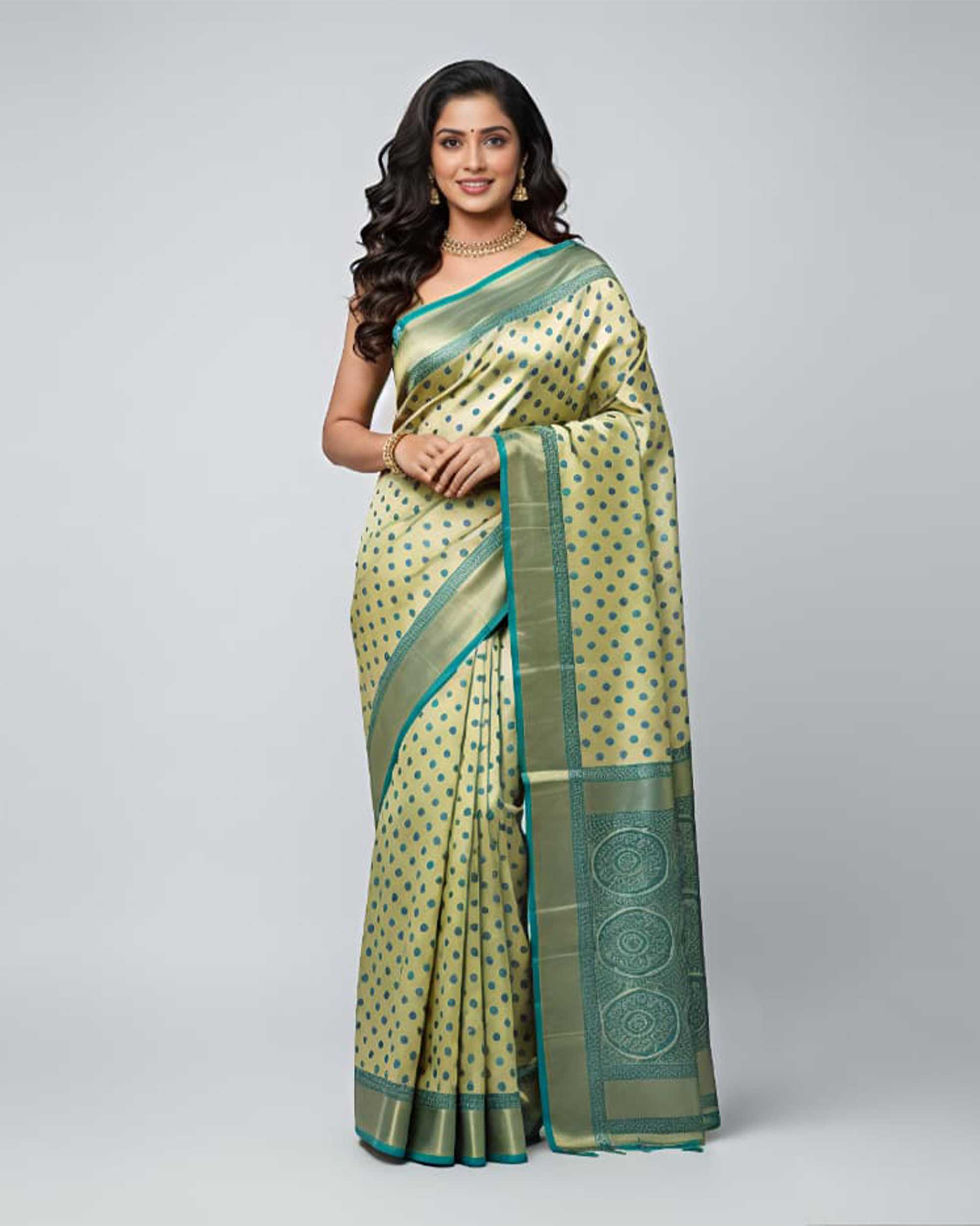 Women Pista Green & Teal Blue Woven Design Zari Kanjeevaram Silk Blend Saree