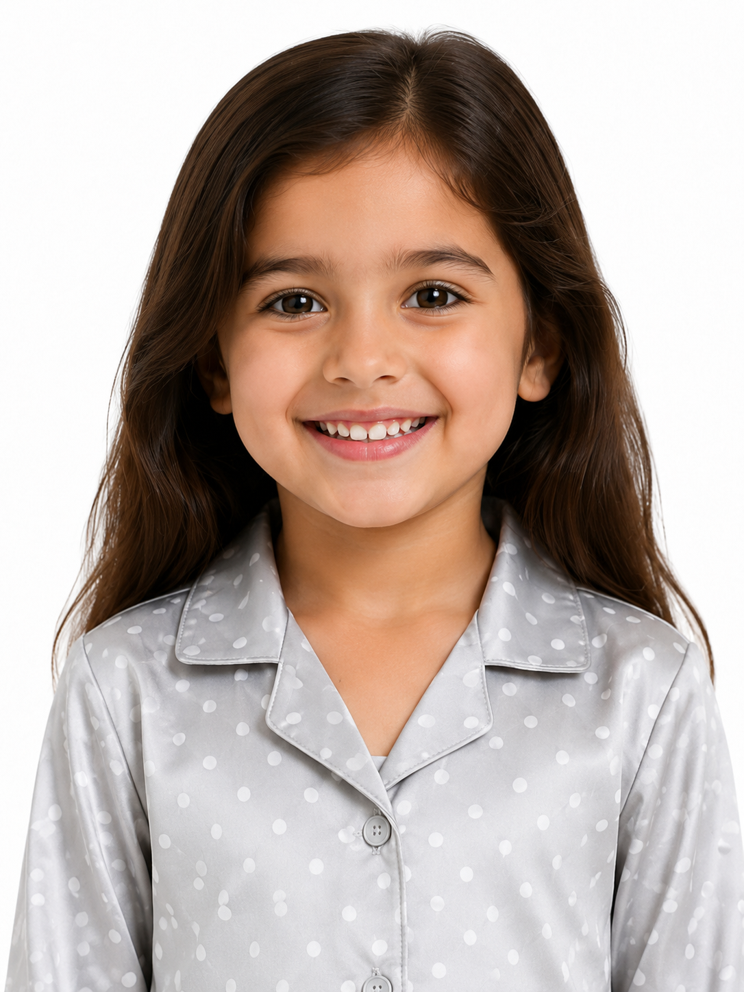 Girls Grey Polka Dot Printed Satin Nightsuit Set