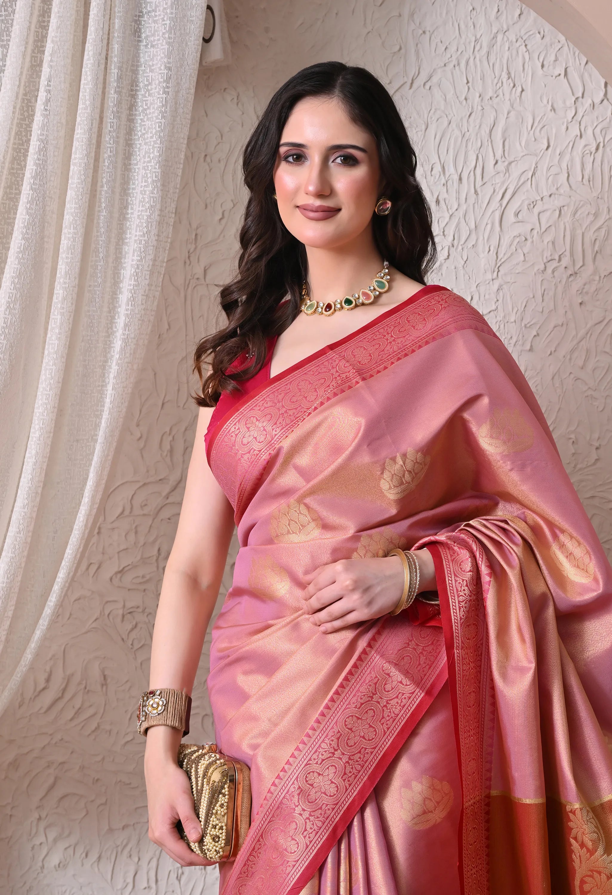 Enchanting Pink Silk Blend Saree with Golden Zari Motifs and Rich Pallu