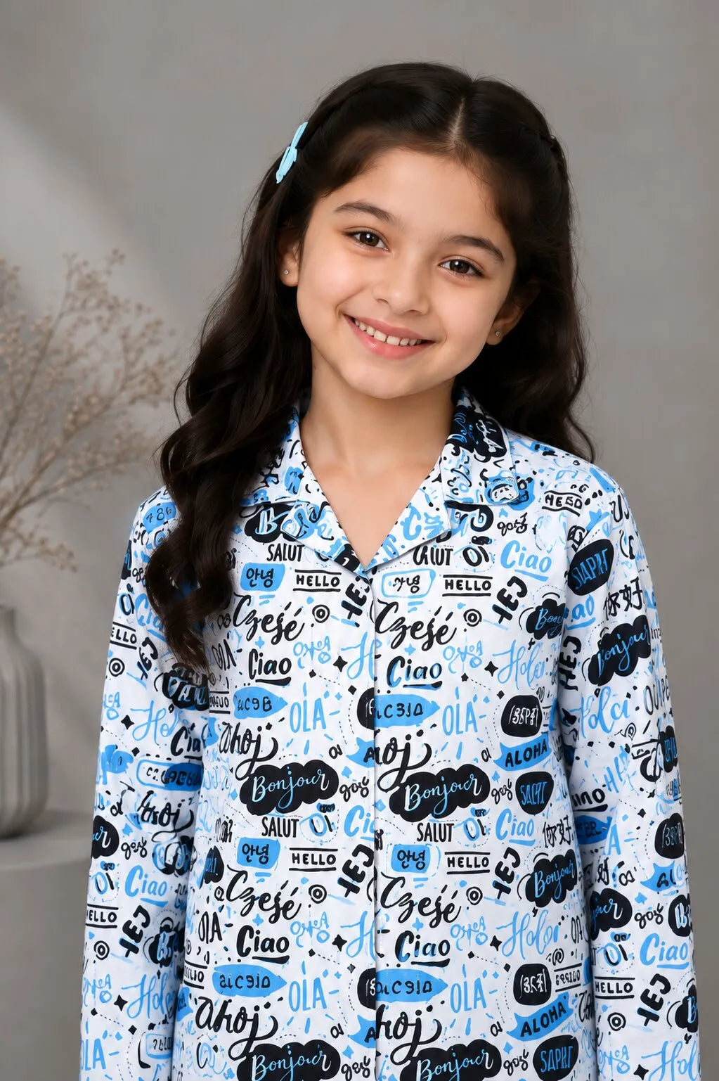 Girls Satin "Hello" Multilingual Print Night Suit