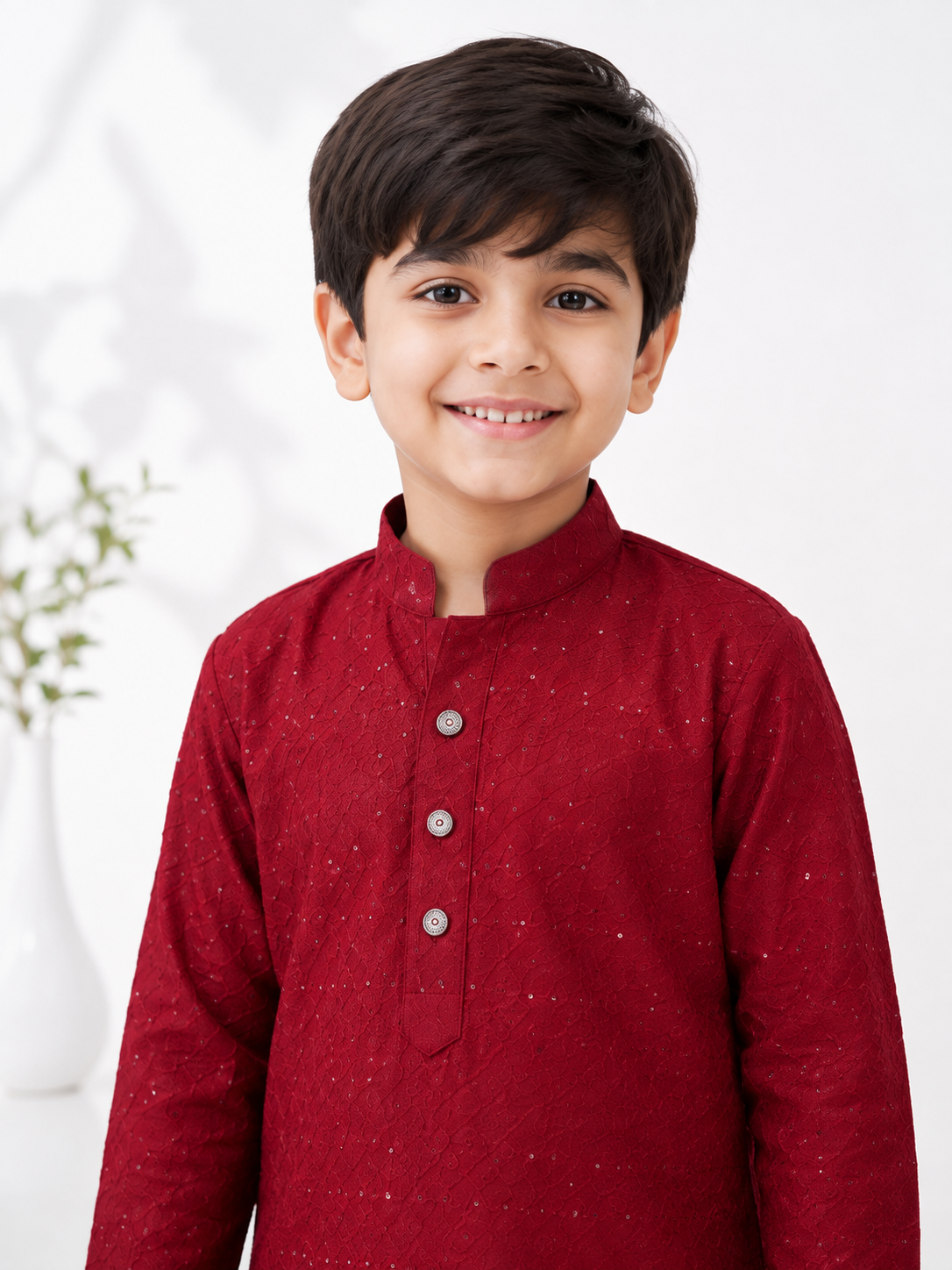 Boys Maroon Chikankari & Sequined Pure Cotton Kurta with Pyjama Set
