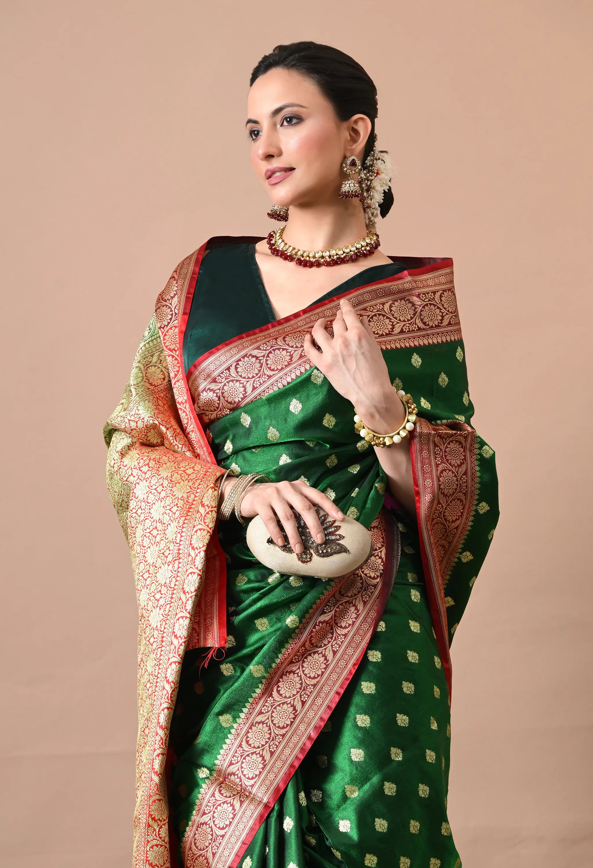 Green & Red Zari Woven Silk Blend Banarasi Saree