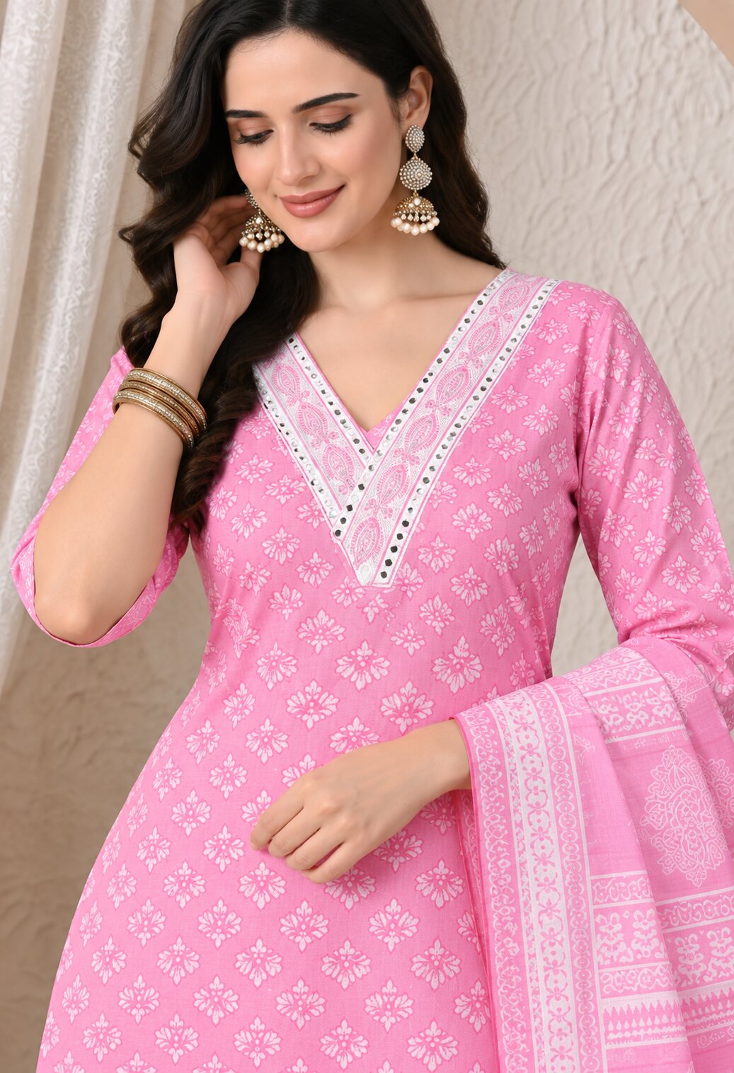 Pink Cotton Printed Straight Suit Set with Matching Cotton Dupatta