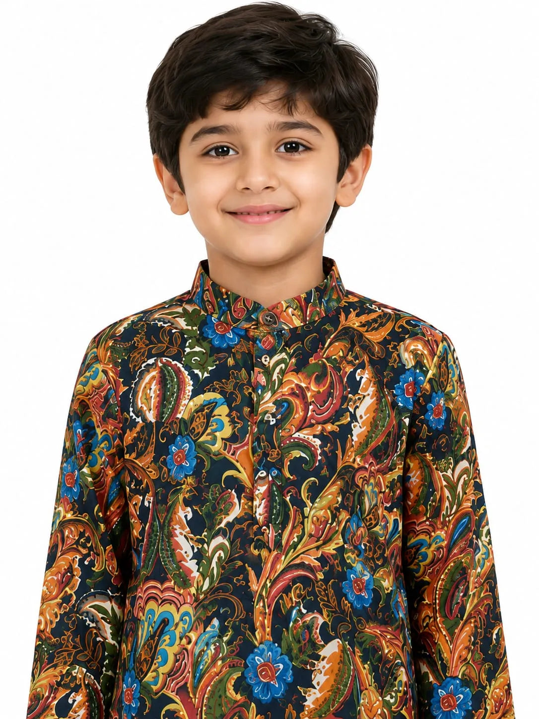 Boys Multicolor Kalamkari Print Pure Cotton Kurta with Pyjamas