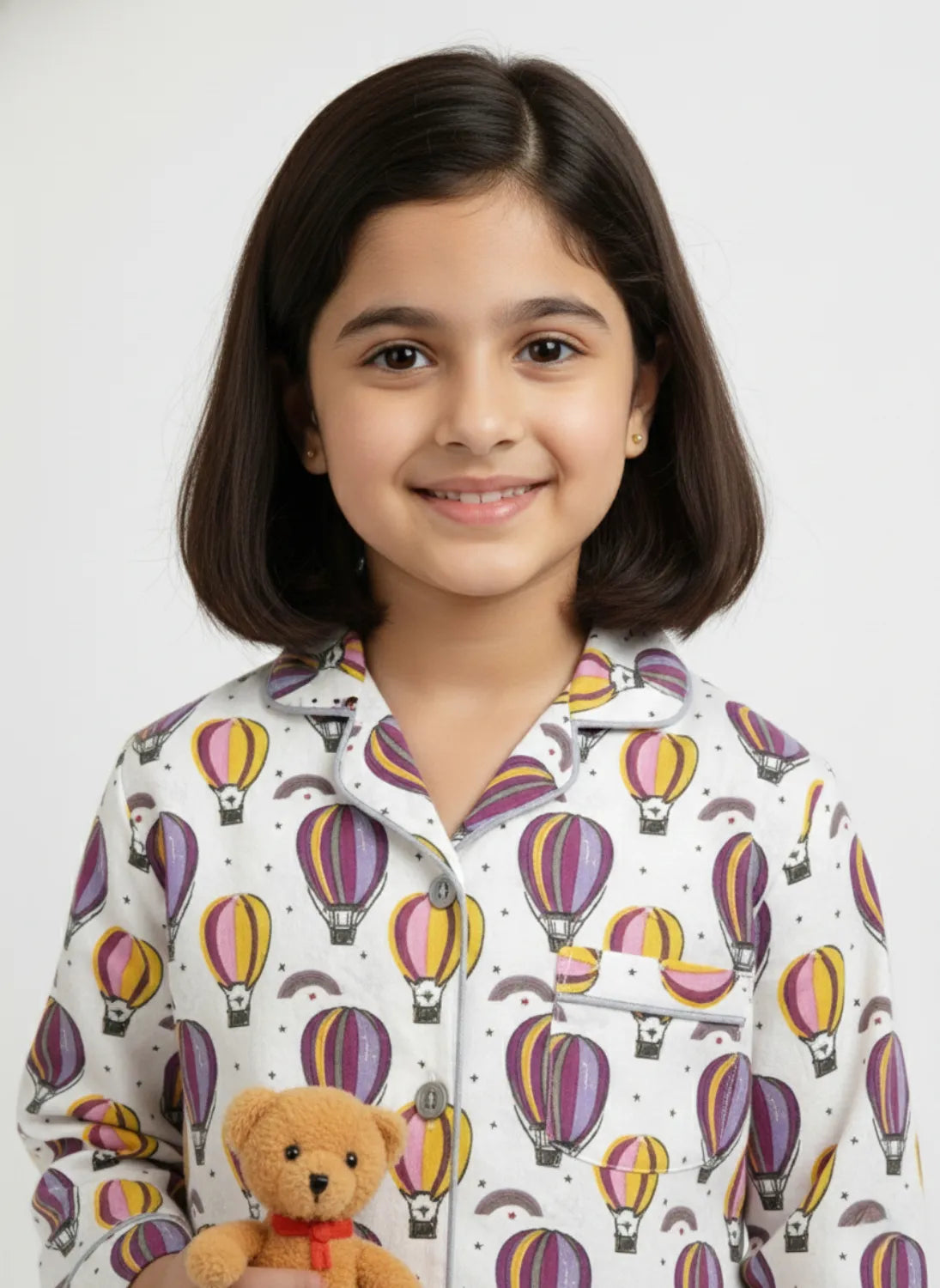 Kids Girls Full Sleeve Collared Pure Cotton Night Suit