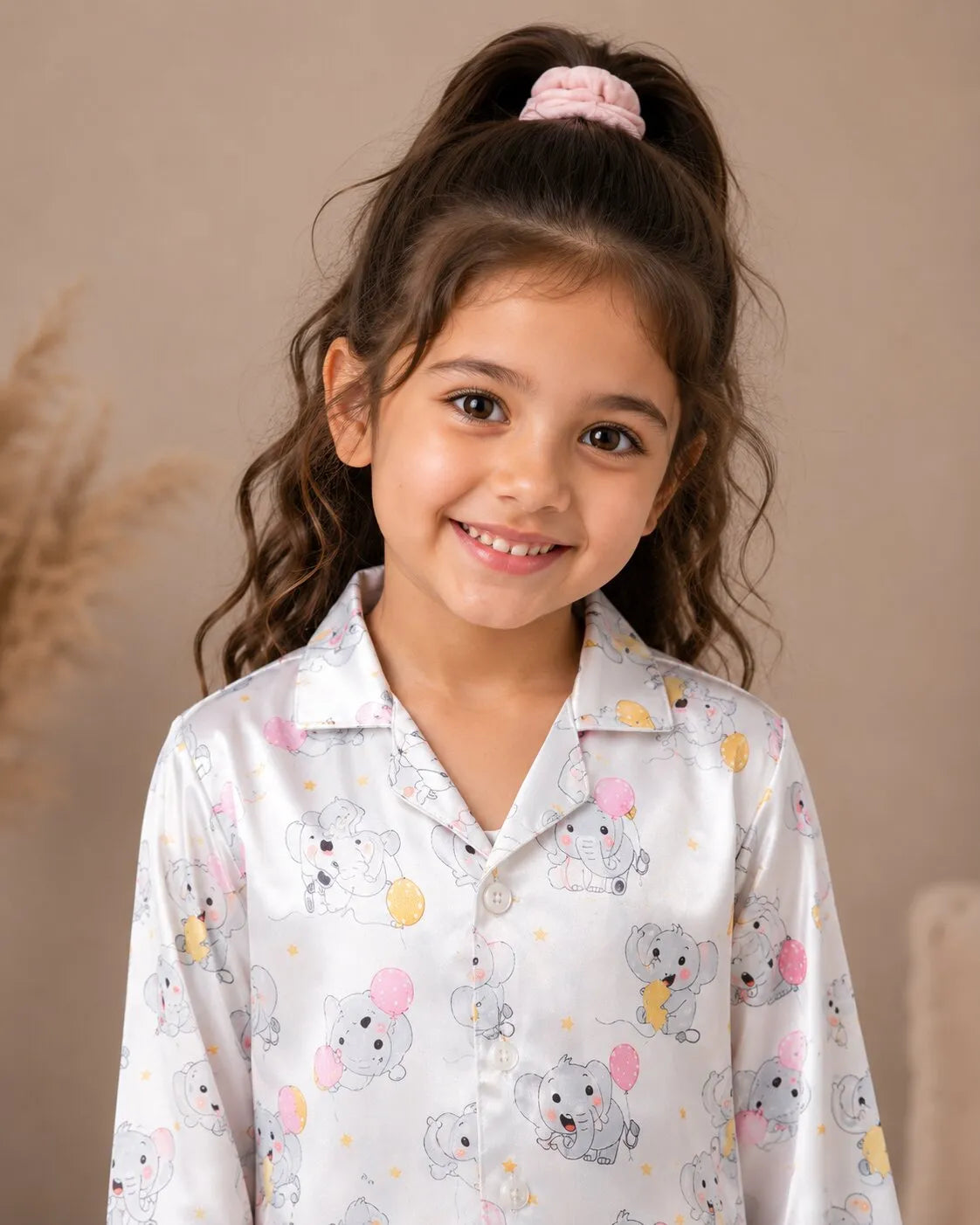 Girls Satin Elephant & Balloon Print Night Suit