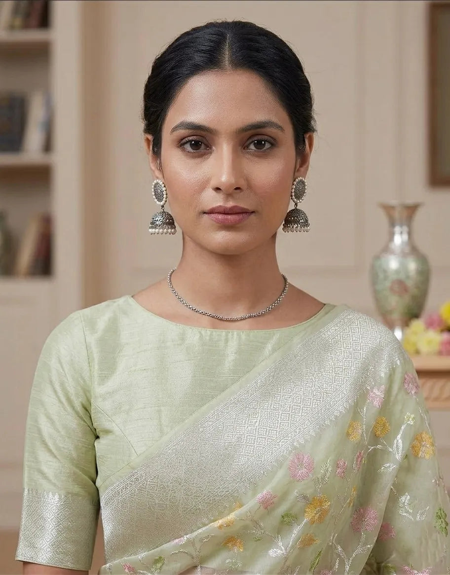Sea Green Floral Printed Organza Saree with Silver Zari Border