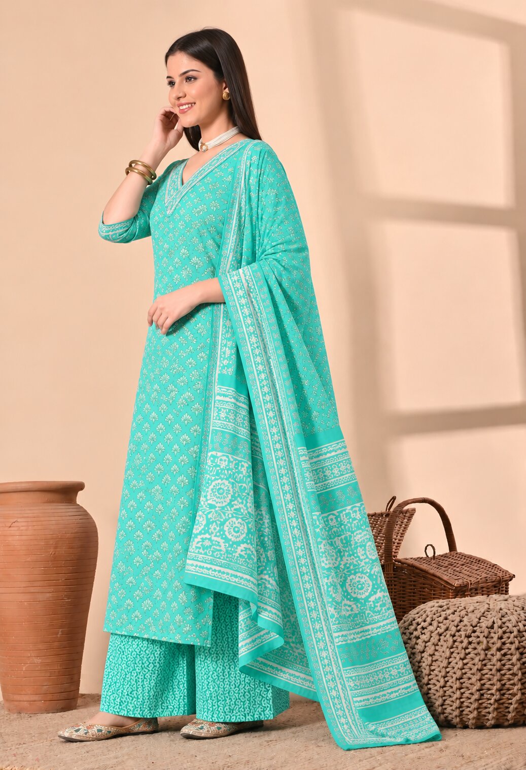 Sea Green Cotton Printed Suit Set with Matching Cotton Dupatta