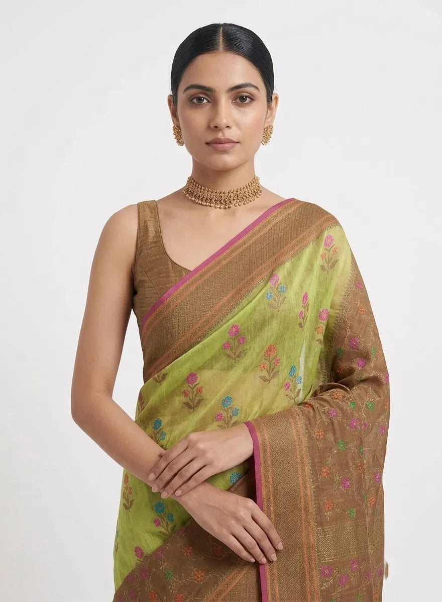 Olive Green & Bronze Silk Blend Woven Design Saree