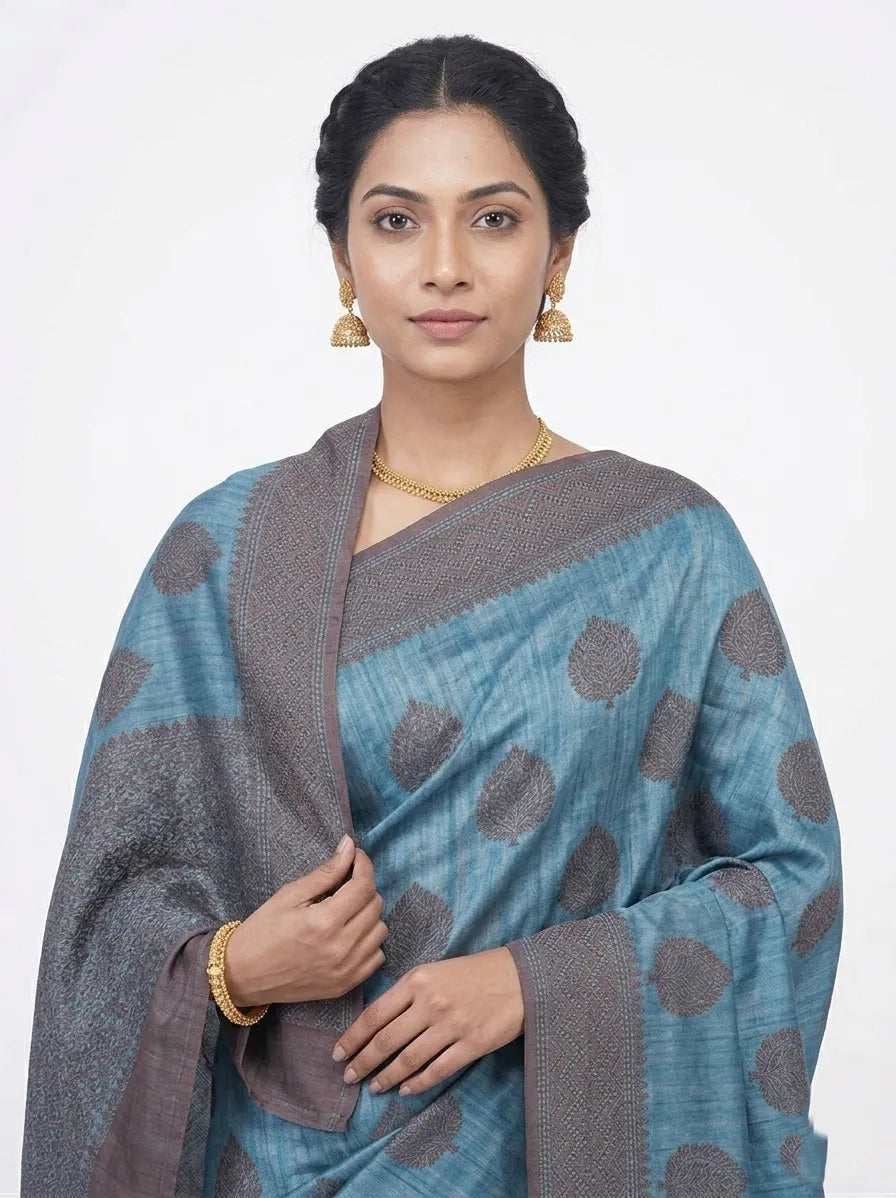 Teal Blue & Bronze-Toned Leaf Woven Design Banarasi Silk Saree with Unstitched Blouse