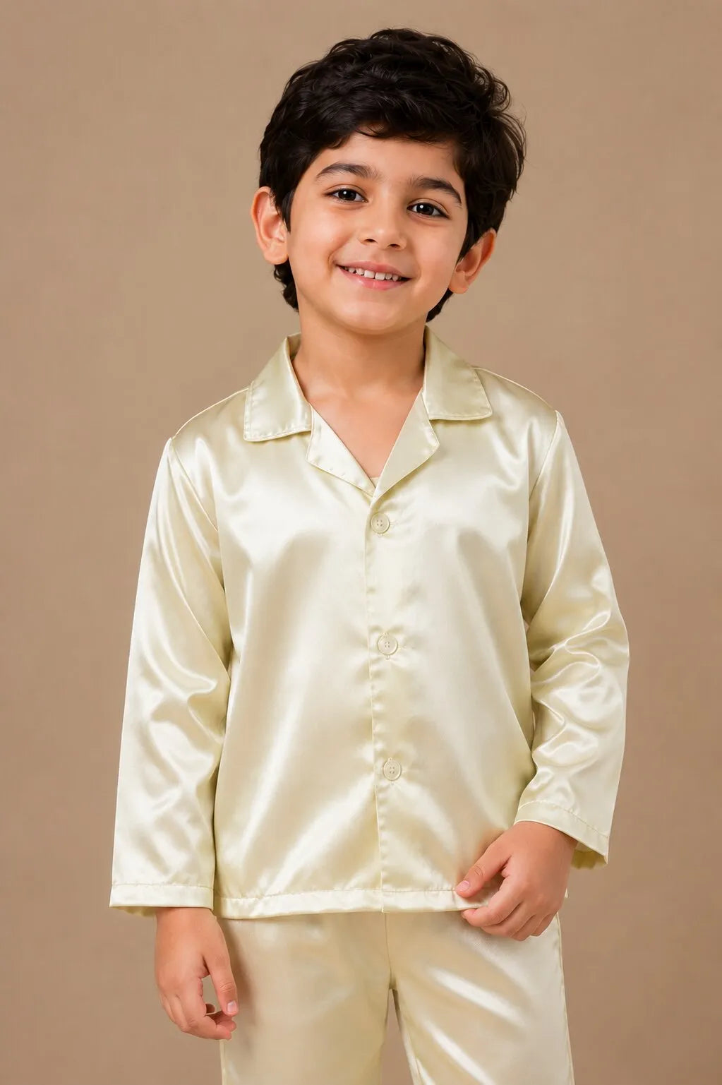 Boys' Luxurious Solid Satin Night Suit – Comfortable Full-Sleeve Button-Down Shirt & Pyjama Set