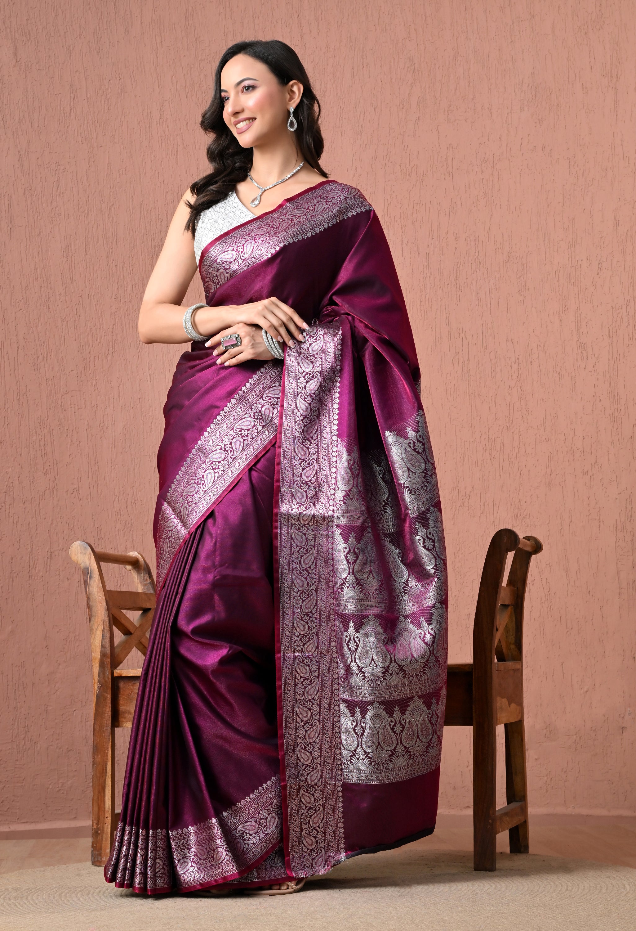 Exquisite Purple Pure Silk Banarasi Saree with Silver Zari Paisley Borders