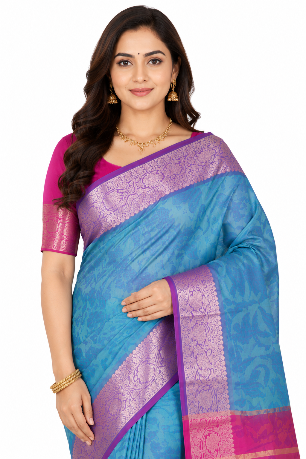 Women Blue & Grey Floral Printed Art Silk Saree with Zari Border