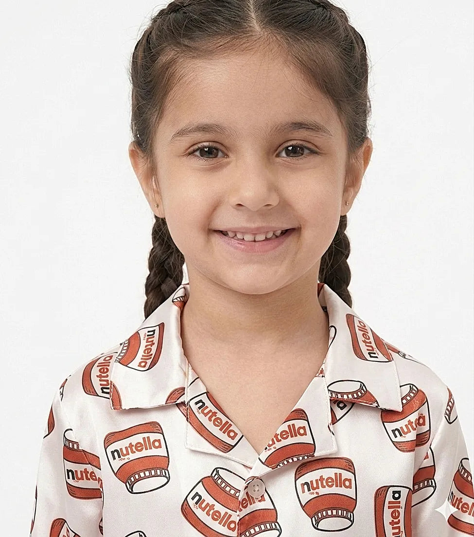 Girls Satin Nutella Print Night Suit – White & Red