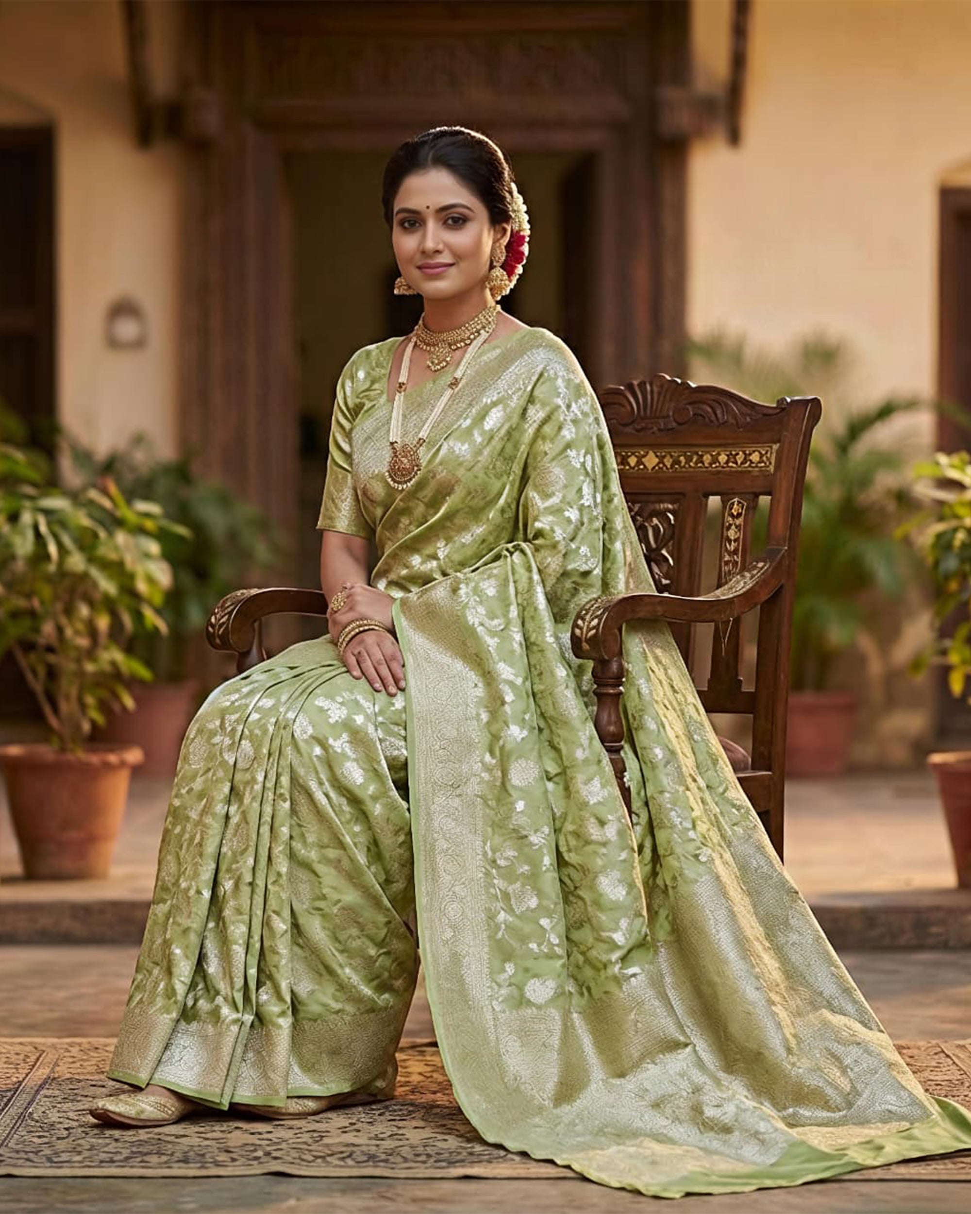 Pistachio Green & Silver-Toned Silk Blend Banarasi Saree
