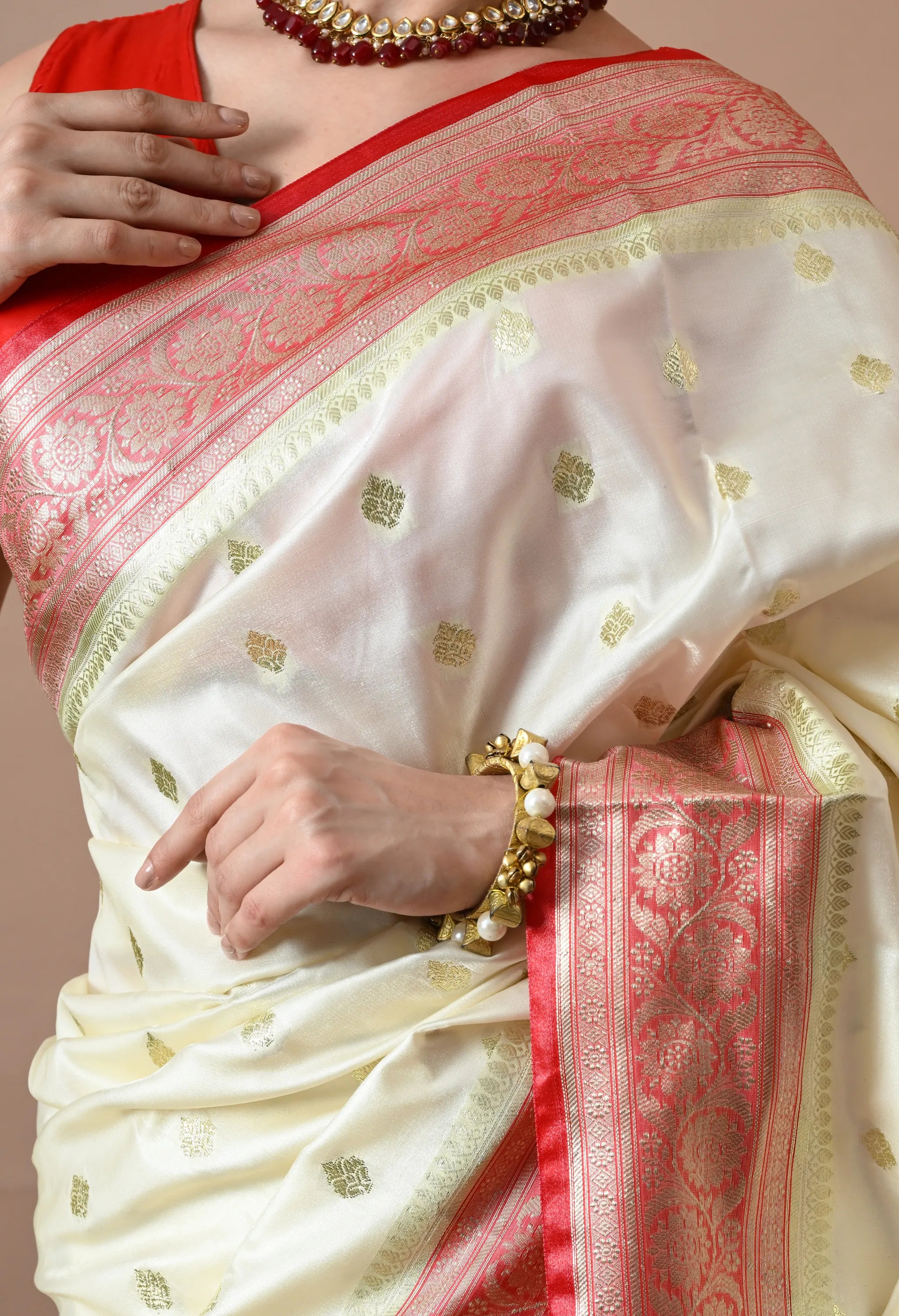 Off-White & Red Silk Blend Banarasi Woven Design Saree