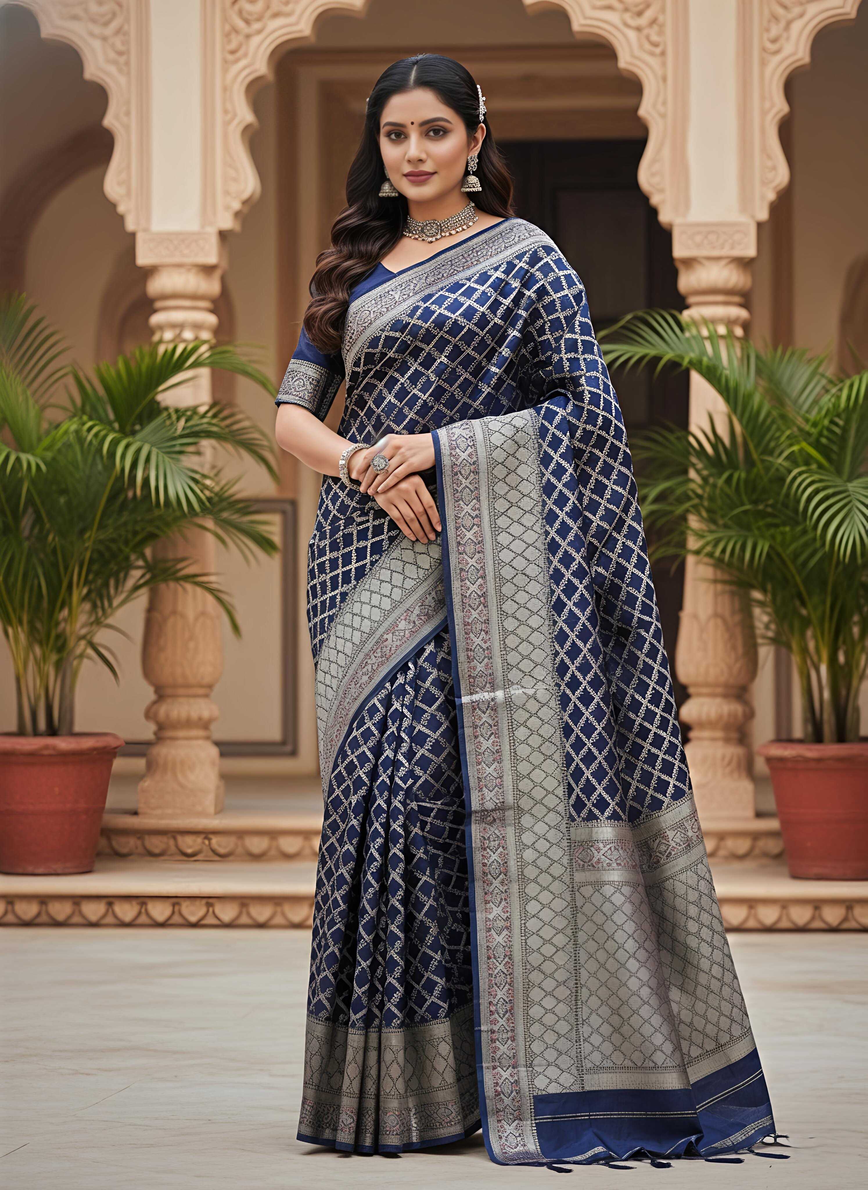 Navy Blue & Silver-Toned Silk Blend Zari Banarasi Saree with Unstitched Blouse
