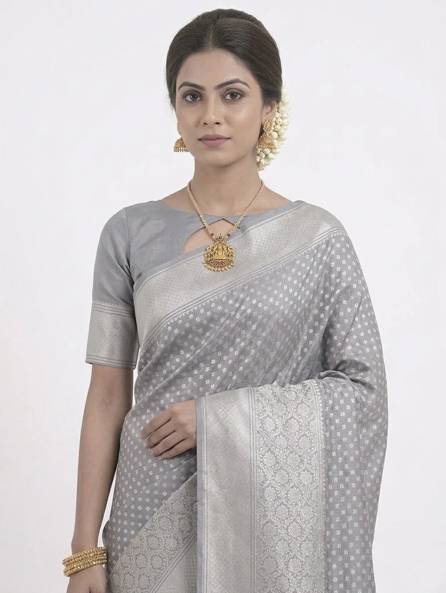 Steel Grey & Silver-Toned Woven Design Banarasi Saree with Unstitched Blouse