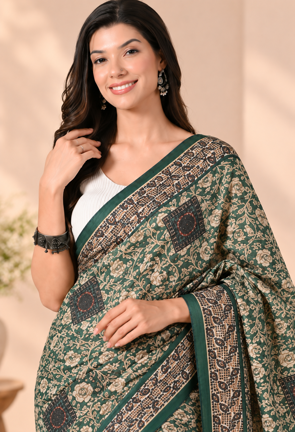 Elegant Green Chiffon Saree with Intricate Floral and Traditional Print