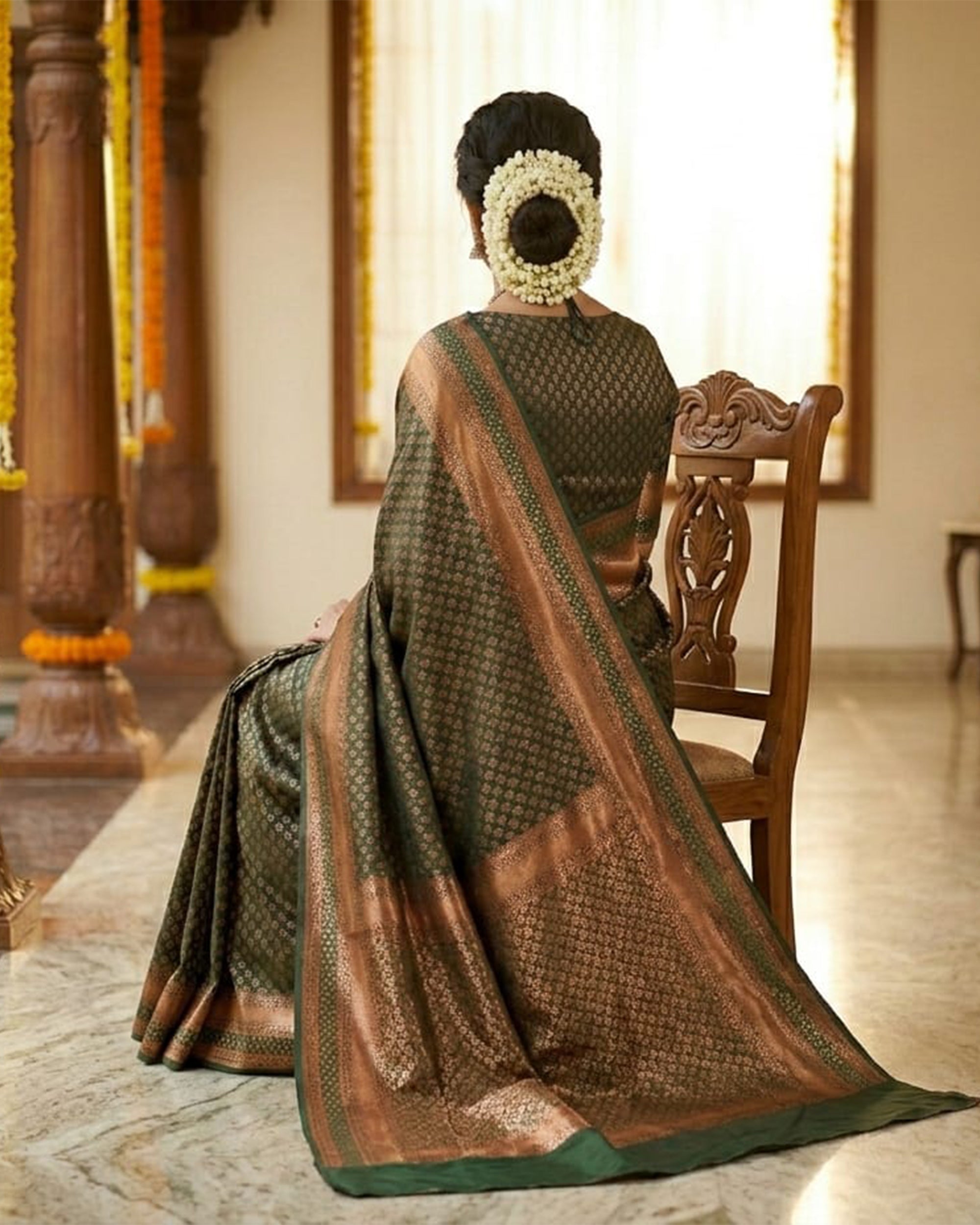Olive Green & Copper-Toned Woven Design Banarasi Art Silk Saree