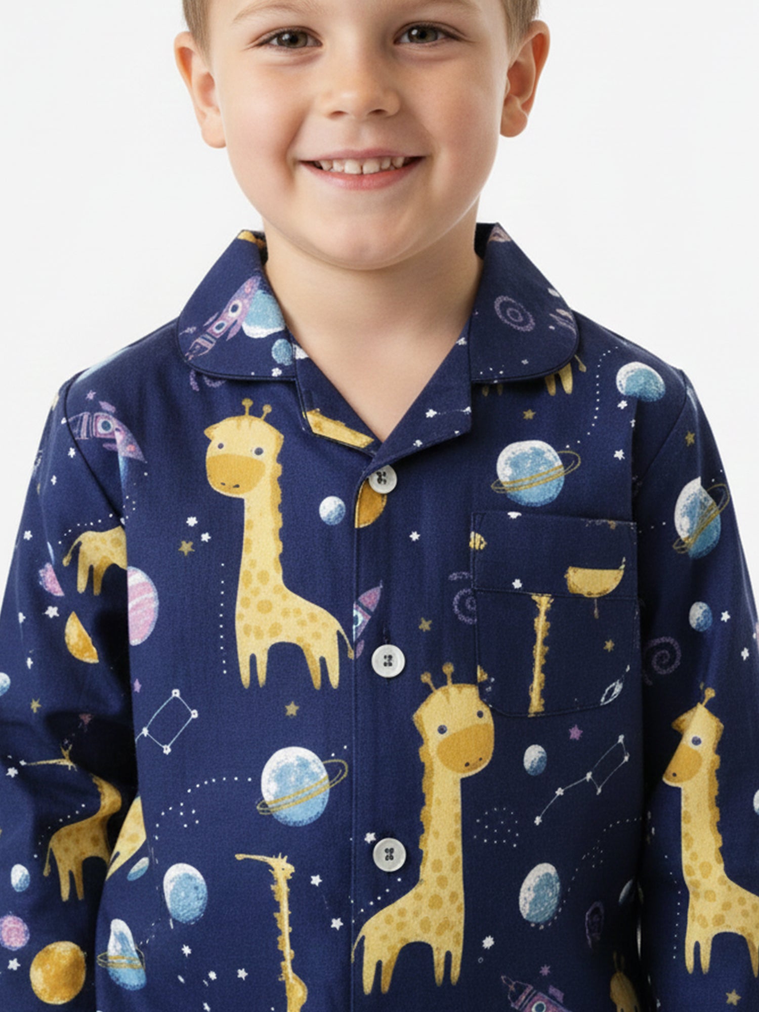 Kids Boys Navy Blue & Yellow Giraffes in Space Printed Night Suit
