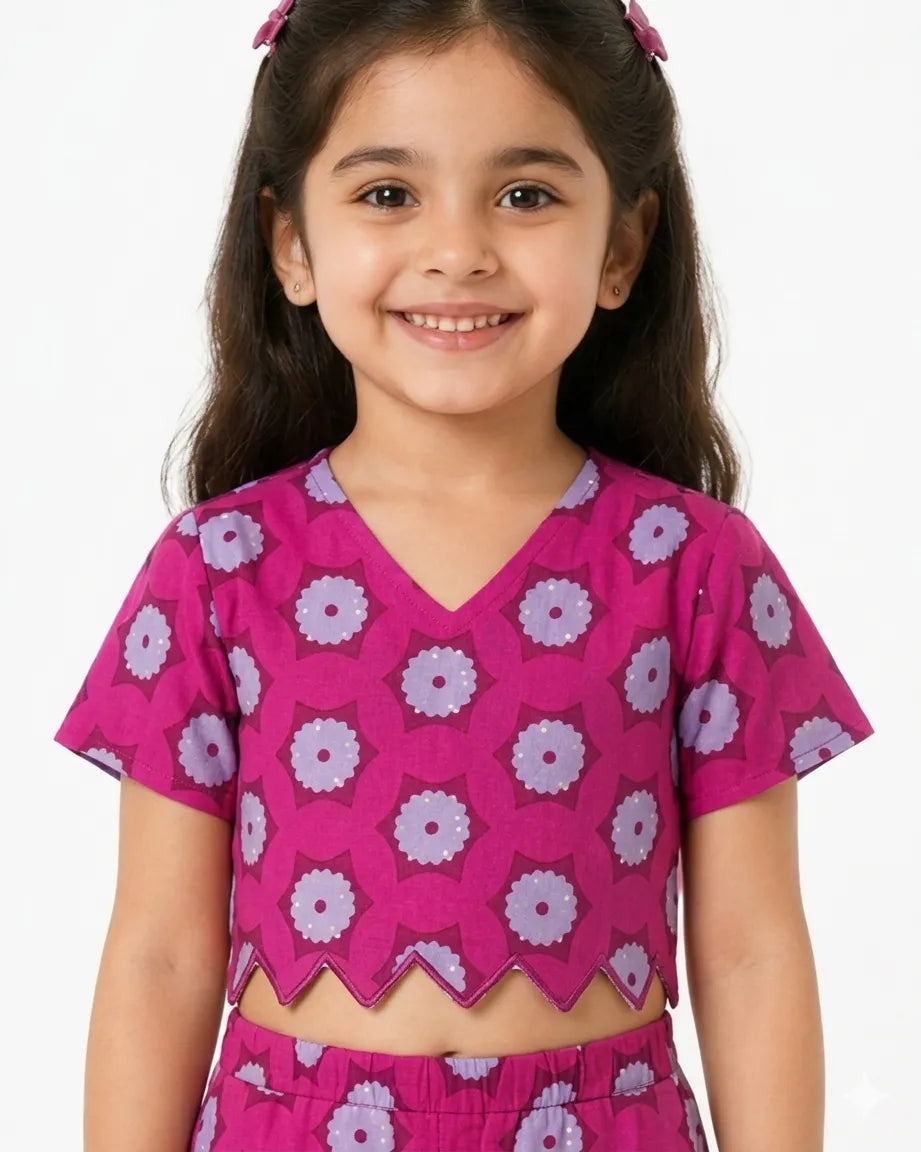 Girls Pink & White Pure Cotton Geometric Printed Co-ord Set