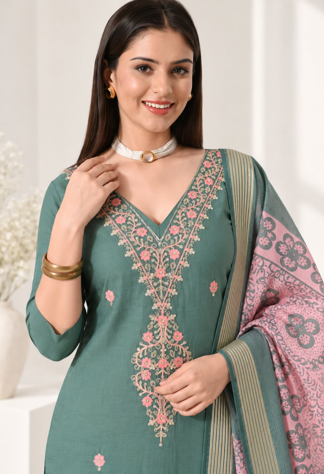 Teal Green Chanderi Silk Suit Set with Pink Printed Dupatta