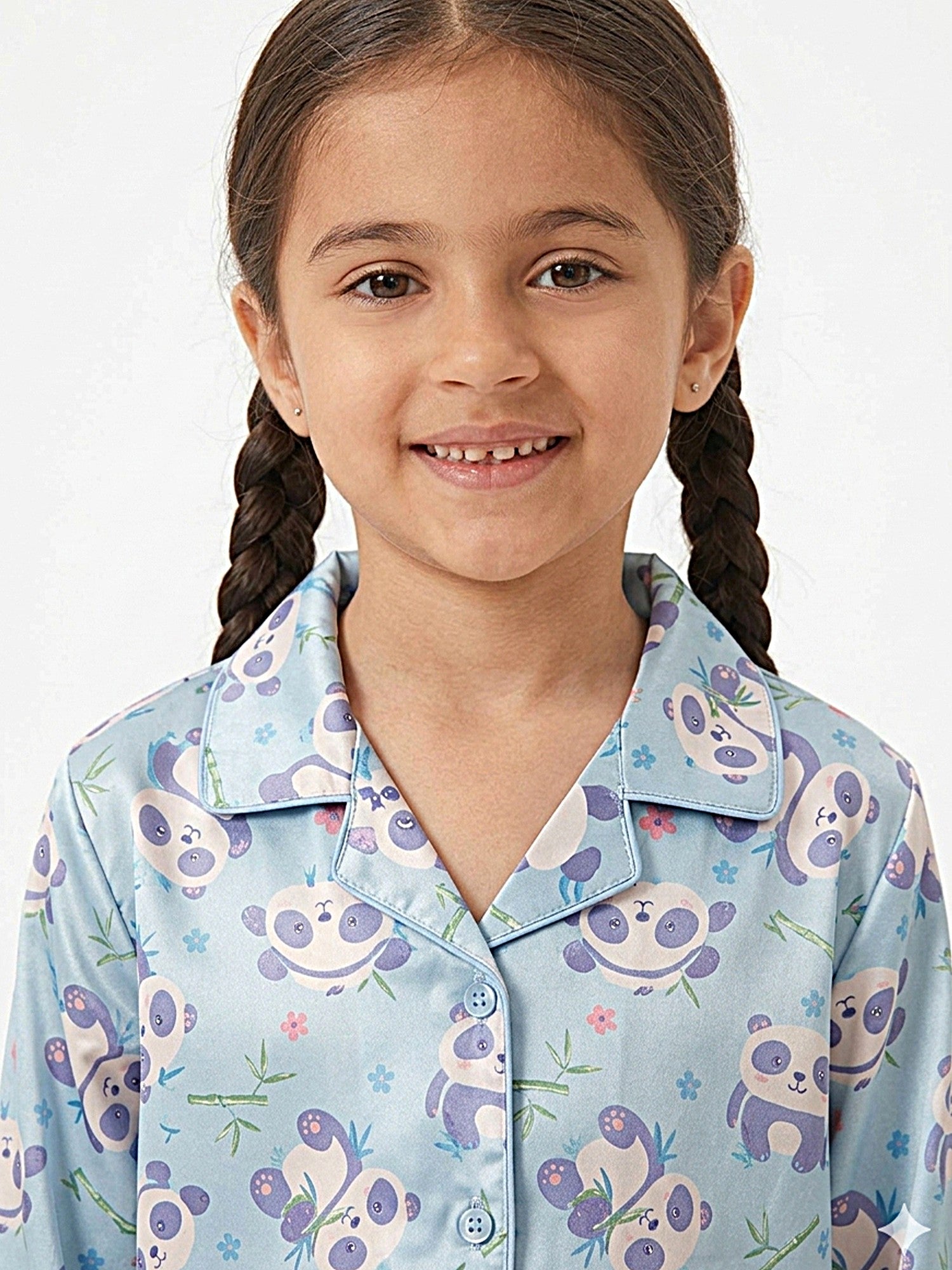Girls Sky Blue & Purple Panda Printed Satin Nightsuit Set
